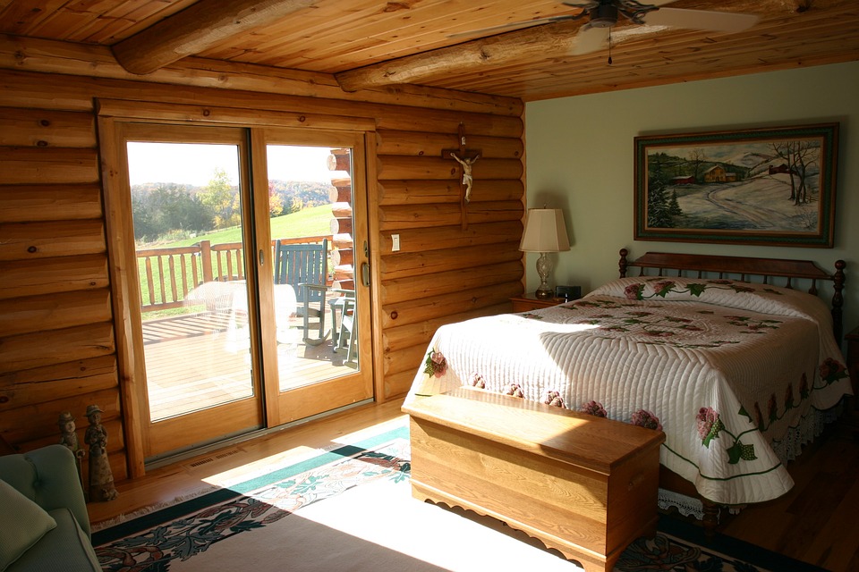 Master Bedroom, Bed, Logs, Cabin, Log Home, Bedroom
